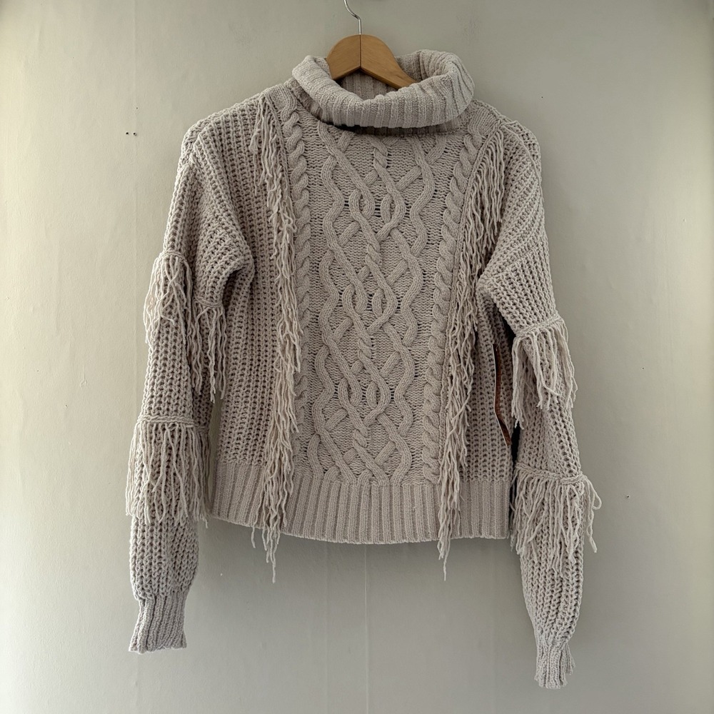 Almost Famous Womens Fringe Turtleneck Size S Beige Cable Knit Western Boho NWT